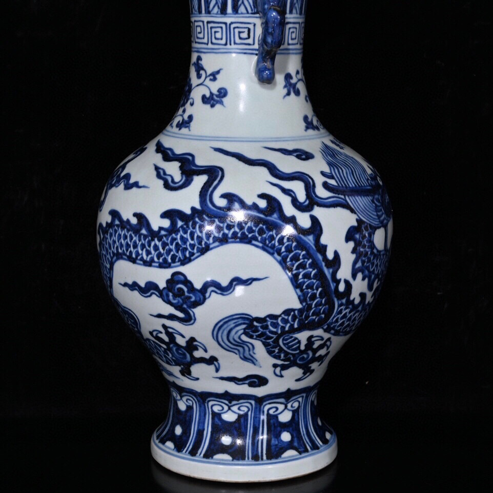 ▽鴻▽ 明 宣德年製款 青花 龍紋 雙耳瓶 古陶瓷品 置物 古賞物 ▽鴻▽ 明 宣德年製款 青花 龍紋 雙耳瓶 古陶瓷品 置物 古賞物