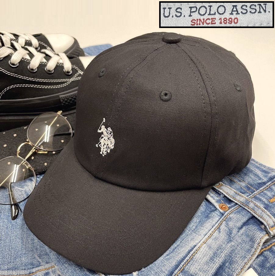 U.S. POLO ASSN. ブラック キャップ アウトドア キャンプ ゴルフ 帽子 バイク トラック スポーツ ホワイトロゴ刺繍 コットン ポロ