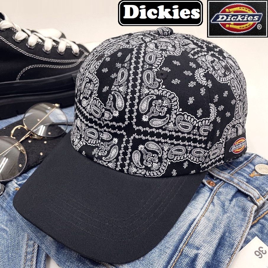 Dickies ブラック キャップ アウトドア キャンプ ゴルフ 野球帽子 バイク トラック刺繍ワッペン ホワイトペイズリー ディッキーズ