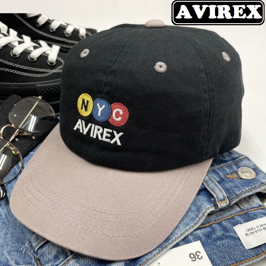 AVIREX ブラック キャップ ミリタリー アウトドア キャンプ バイク ホワイトロゴレッドブルー刺繍 アビレックス アヴィレックス