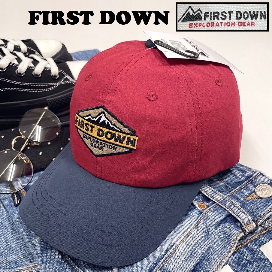 FIRST DOWN レッド×ネイビー キャップ 帽子 アウトドアキャンプゴルフバイクトラックスポーツブラックロゴ刺繍 ファーストダウン