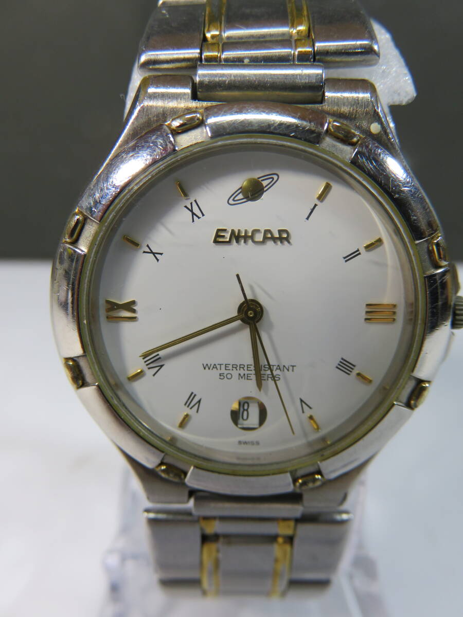 ■ENICAR　「エニカ　アナログクォーツ腕時計」　50METERＳ　955-387　スイス製　3針　日付　ホワイト