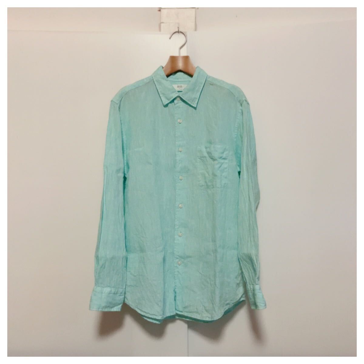 ☆美品　UNIQLO ユニクロ プレミアムリネン シャツ 長袖 サイズM 麻 春夏秋 グリーン 緑_画像1