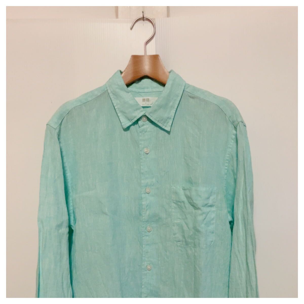 ☆美品　UNIQLO ユニクロ プレミアムリネン シャツ 長袖 サイズM 麻 春夏秋 グリーン 緑_画像3