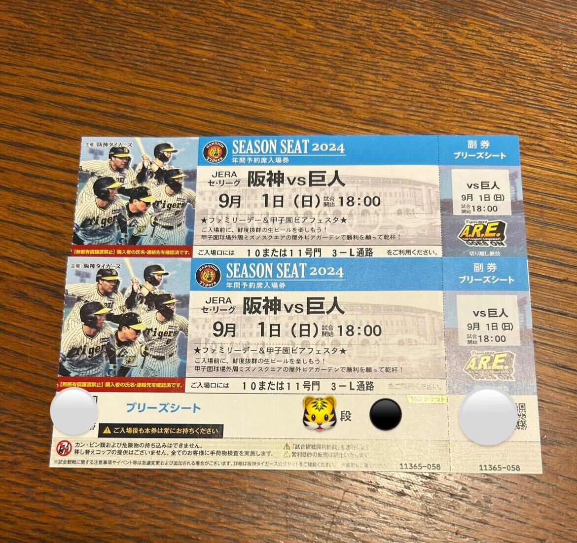 9/1（日）阪神vs巨人 @甲子園球場 ブリーズシート ペアチケット Family 