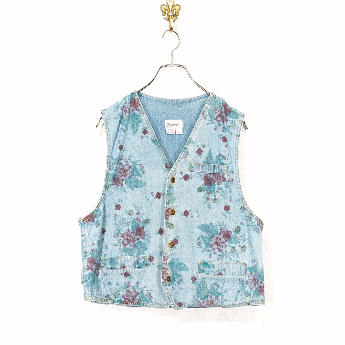 USA VINTAGE Dreame FLOWER PATTERNED DESIGN DENIM VEST/アメリカ古着花柄デザインデニムベスト