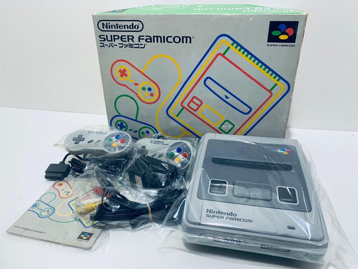 美品/動作品 Nintendo 任天堂 スーパーファミコン SHVC-001コントローラ ACアダプター AVケーブル 箱付,セット希少品 レトロゲーム(N-40)