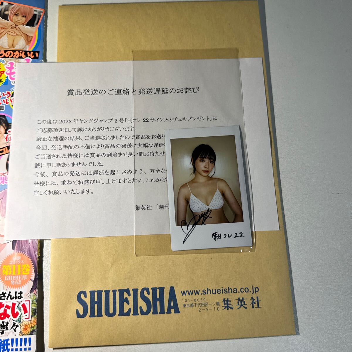 抽プレ　貴重　制コレ22 麻生果恩　サイン入りチェキ　ヤングジャンプグラビア切り抜き付き　送料込