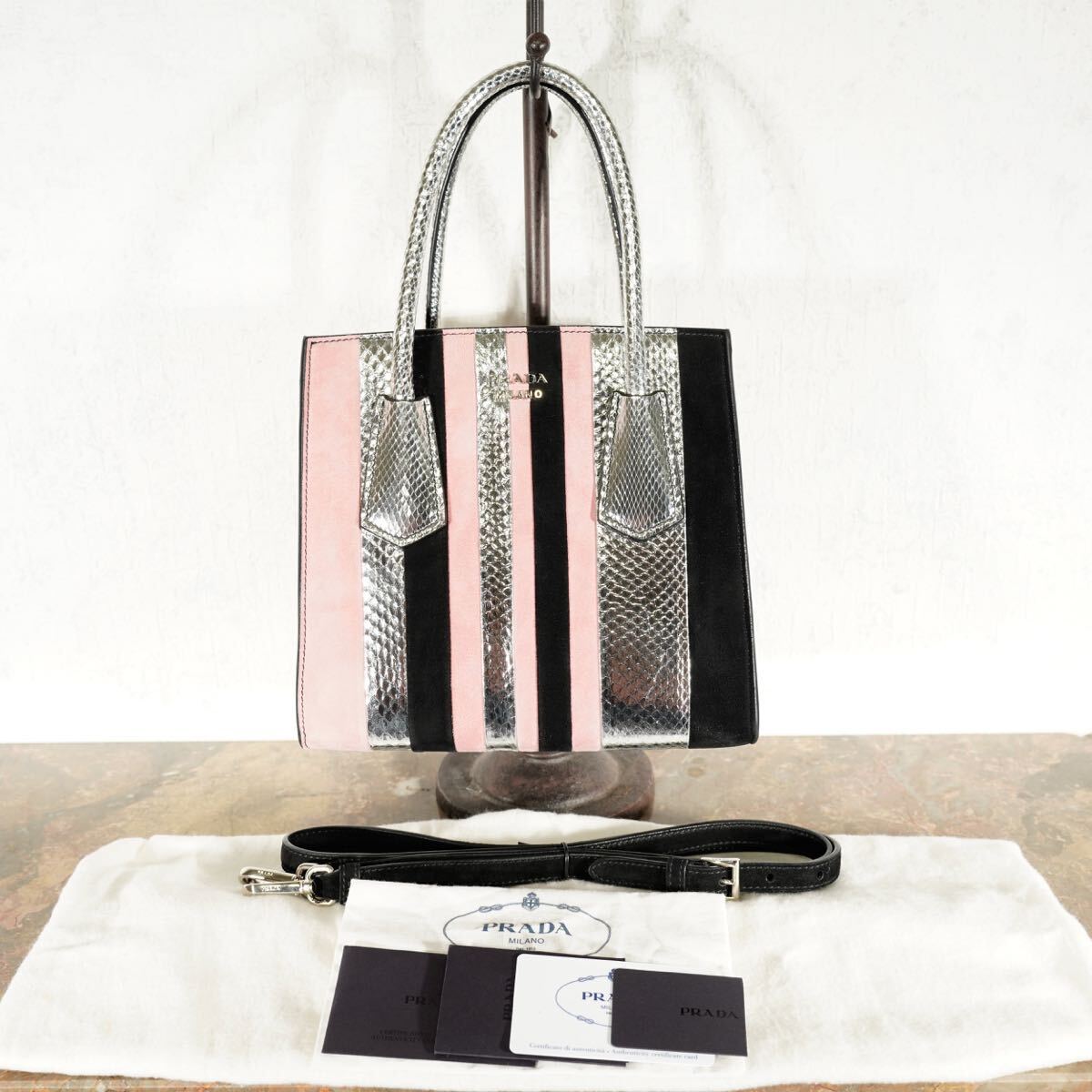 PRADA PYSON LEATHER EMBOSSED LINE DESIGN 2WAY SHOULDER BAG PRADA PYSON LEATHER EMBOSSED LINE DESIGN 2WAY SHOULDER BAG
