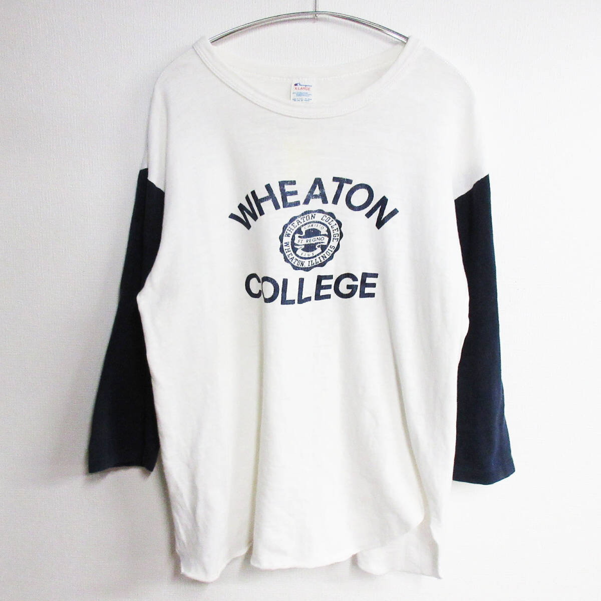 KM-4746【Tシャツ】80's Champion/チャンピオン★トリコタグ★カレッジ★ホワイトxネイビー★XL★プリント★ベースボール★ビンテージ