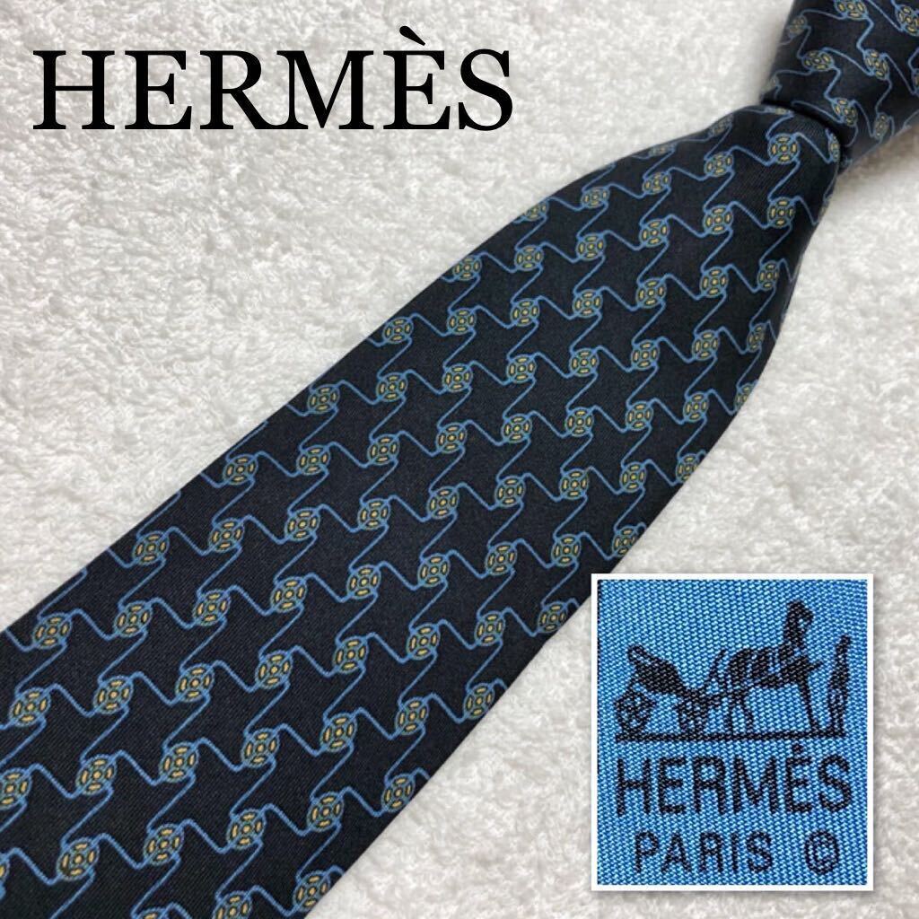 HERMES エルメス ネクタイ 図形 総柄 シルク100% フランス製 HERMES エルメス ネクタイ 図形 総柄 シルク100% フランス製