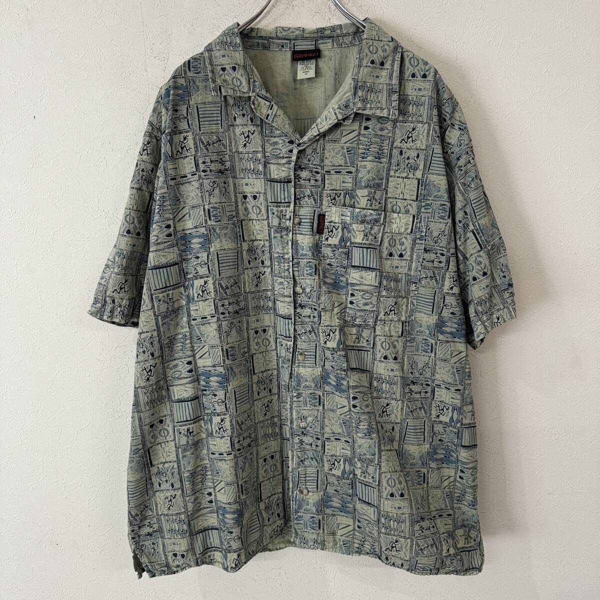 ビンテージ　90s　USA製　グラミチ　総柄　半袖シャツ　オープンカラー　アウトドア　240813