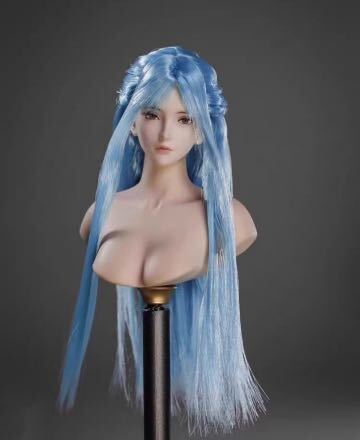 1/6 フィギュアヘッド　女性　ストレート　ブルーロング　植毛　12インチ