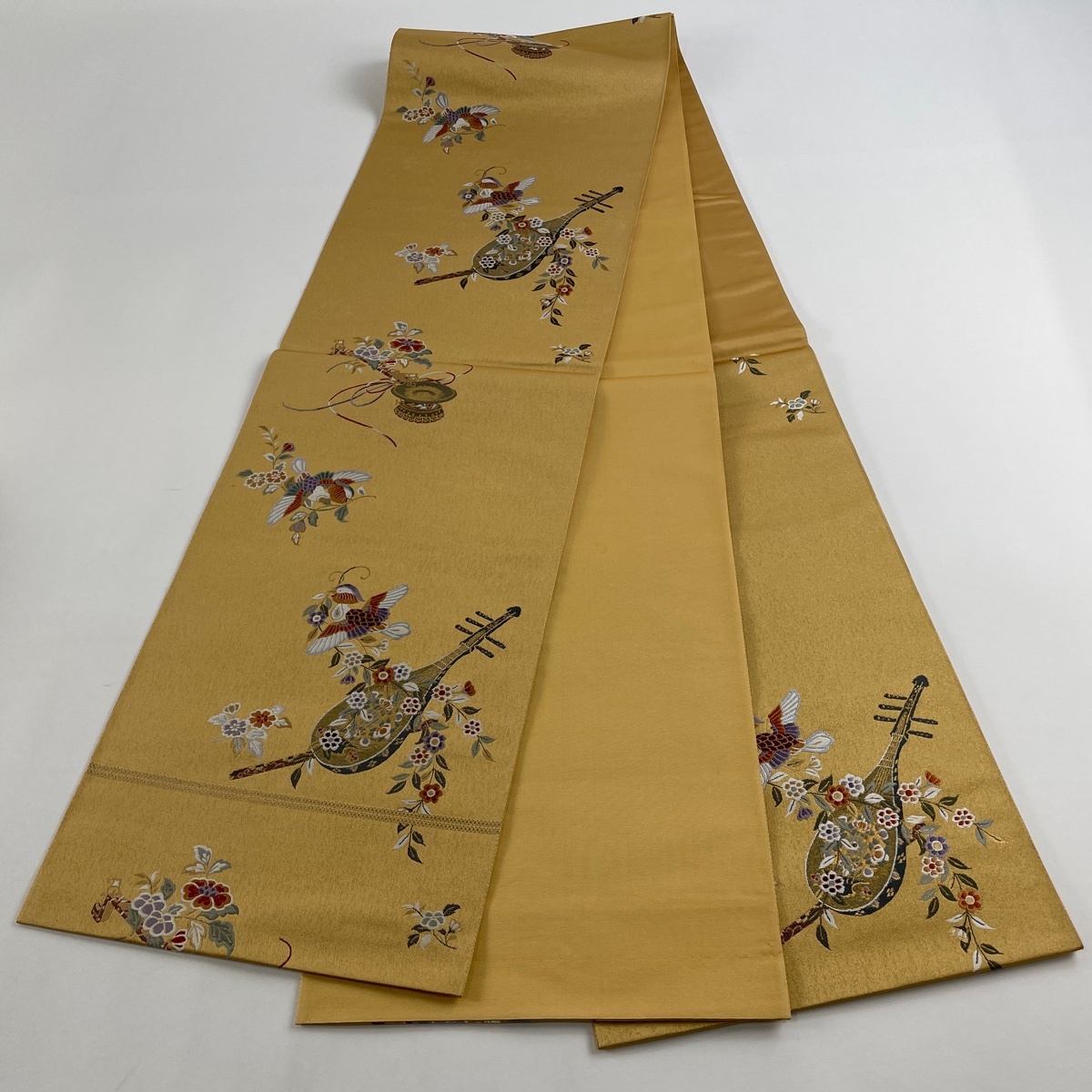  double-woven obi beautiful goods preeminence goods biwa flower .. bird . embroidery light brown color six through silk [ used ]