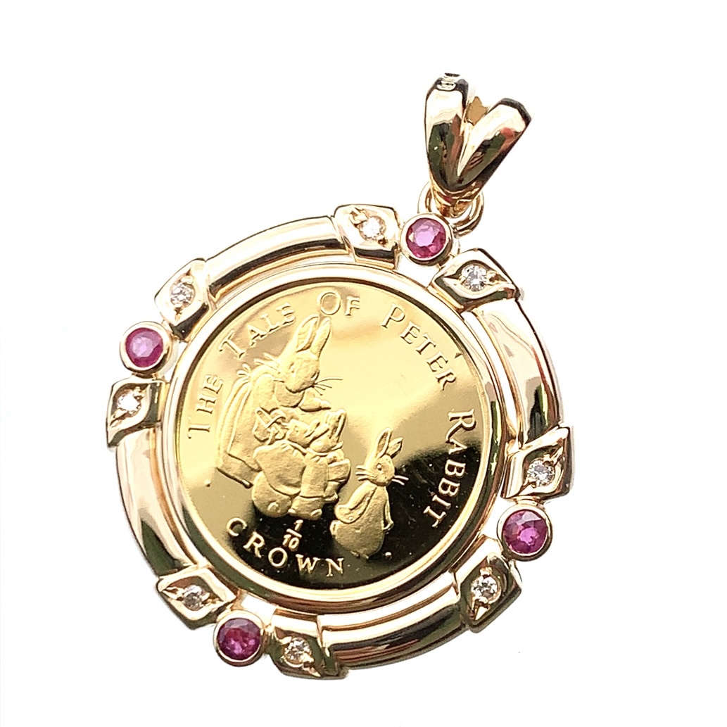 ピーターラビット金貨 ジブラルタル エリザベス女王 1/10オンス 1994年 7.5g K18/24 純金 ルビー ダイヤモンド Gold ペンダントトップ