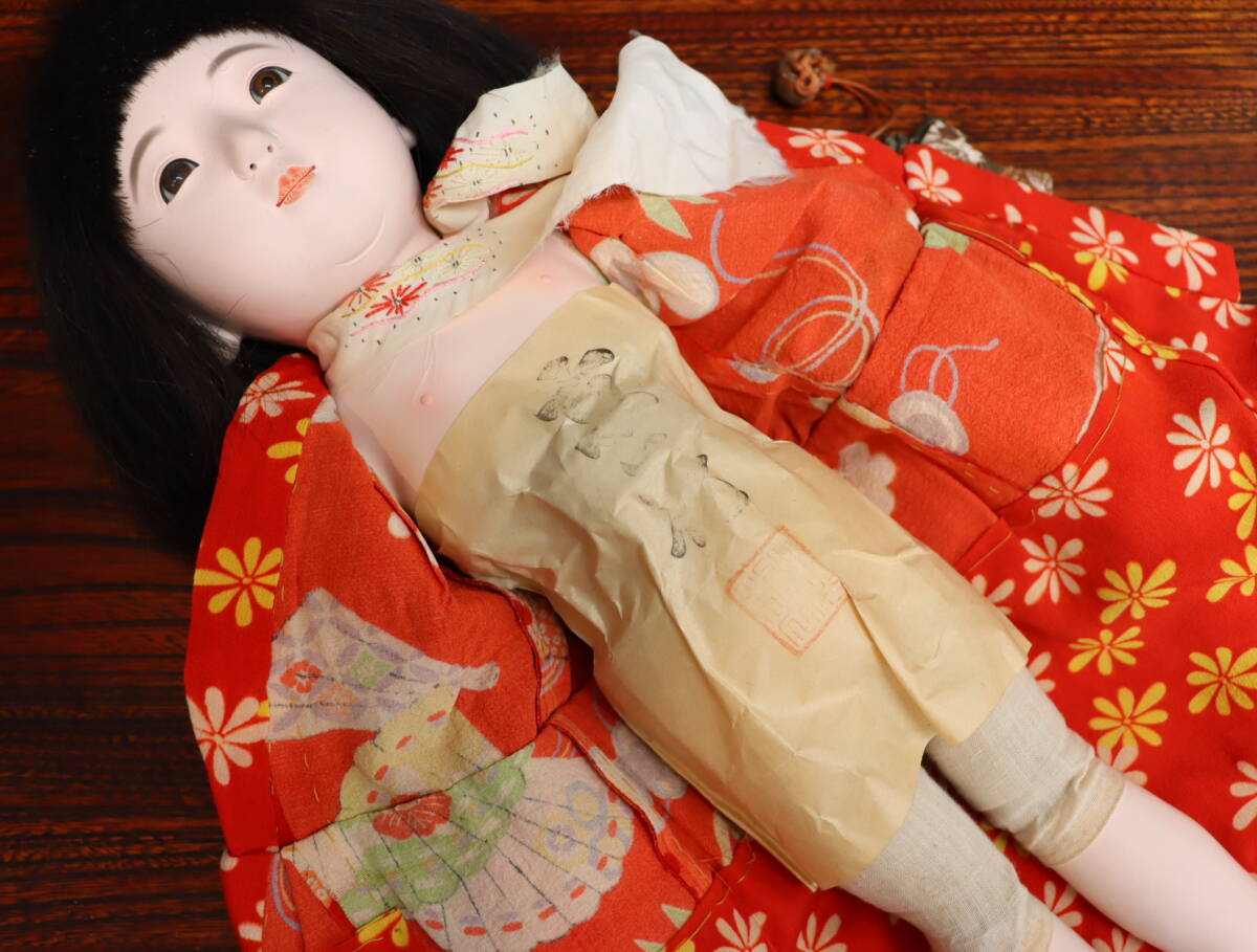 J1442 京花 作 市松人形 戦前 日本人形/陶器人形 高さ/約40cm 着物/少女 人形/置物/飾り物 日本伝統 ケース付き 当時物/現状品