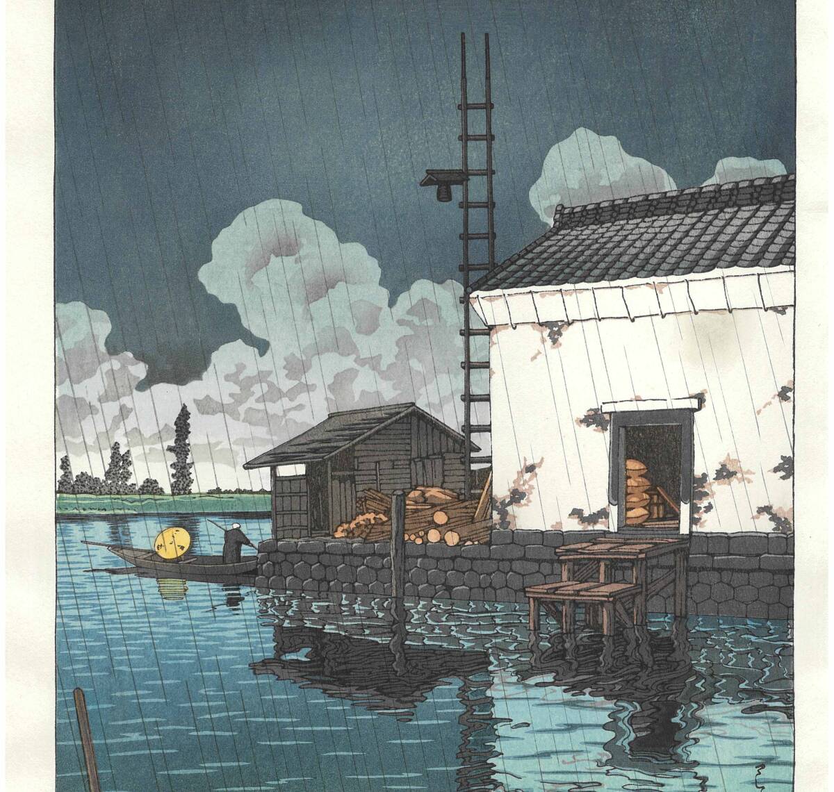真作保証 川瀬巴水 木版画 #9 雨の牛堀 初版 1929年 昭和4年 新 真作保証 川瀬巴水 木版画 #9 雨の牛堀 初版 1929年 昭和4年 新