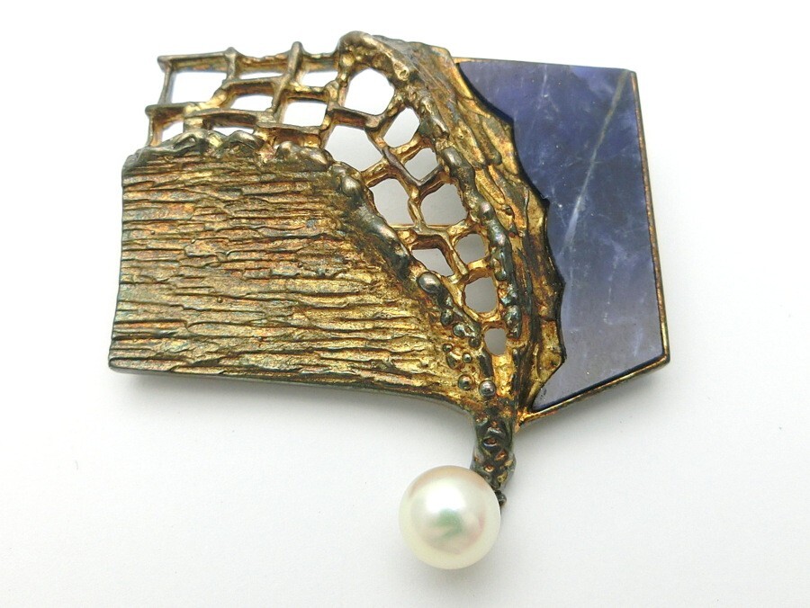 SILVER刻印 ゴールドカラー 本真珠 ブローチ 1000円スタート ブローチ TASAKI PEARLS 田崎真珠 旧刻印 パール
