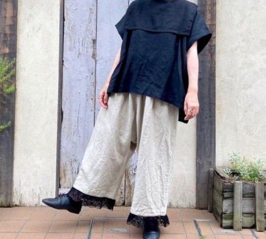 nest Robe ネストローブ ブラックリネンペチコートパンツ 裾 nest Robe ネストローブ ブラックリネンペチコートパンツ 裾