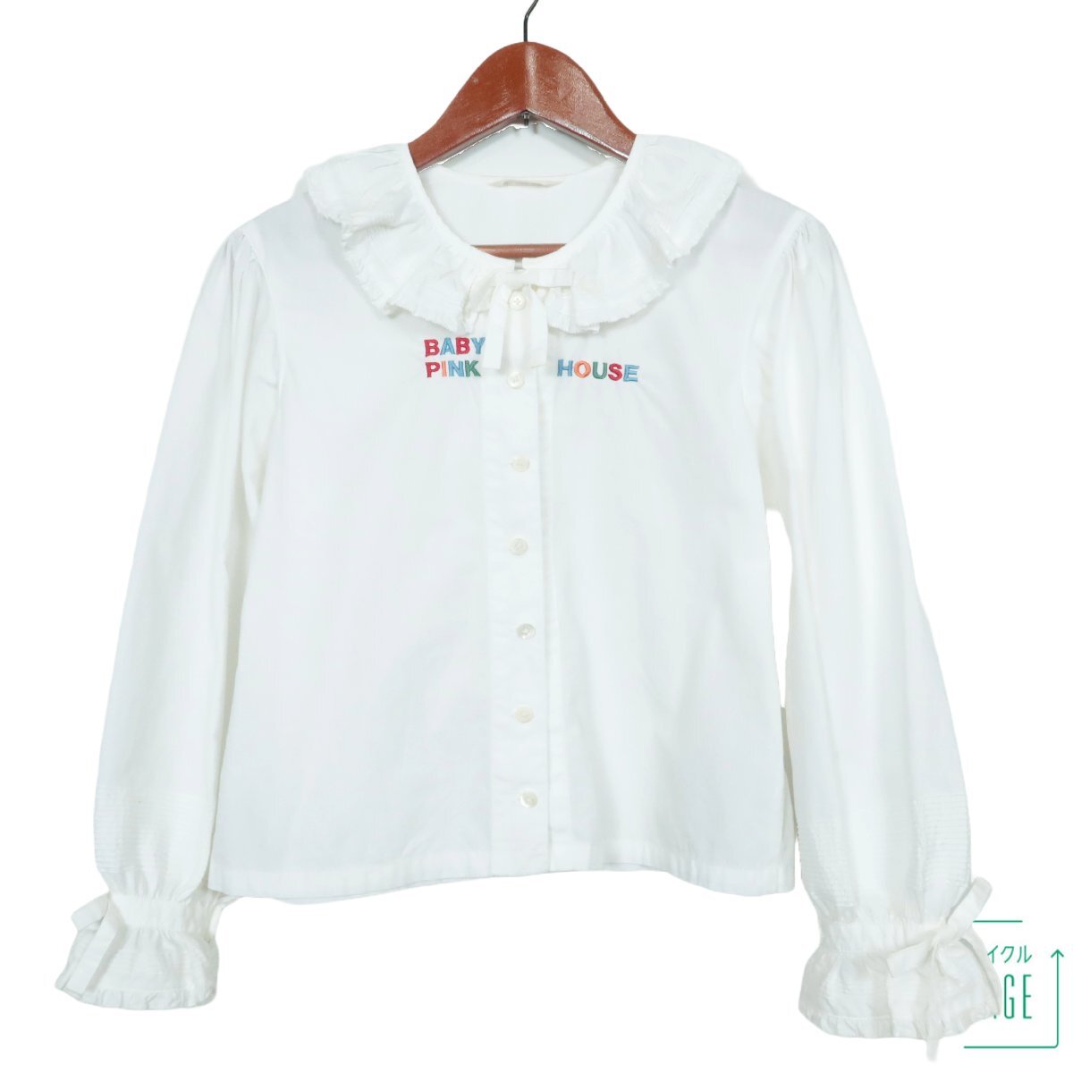 BABY PINK HOUSE★　カラフルなブランド刺しゅうが可愛い！　袖と襟のタックとリボンがキュートな長袖シャツ♪　サイズL　白系z8593