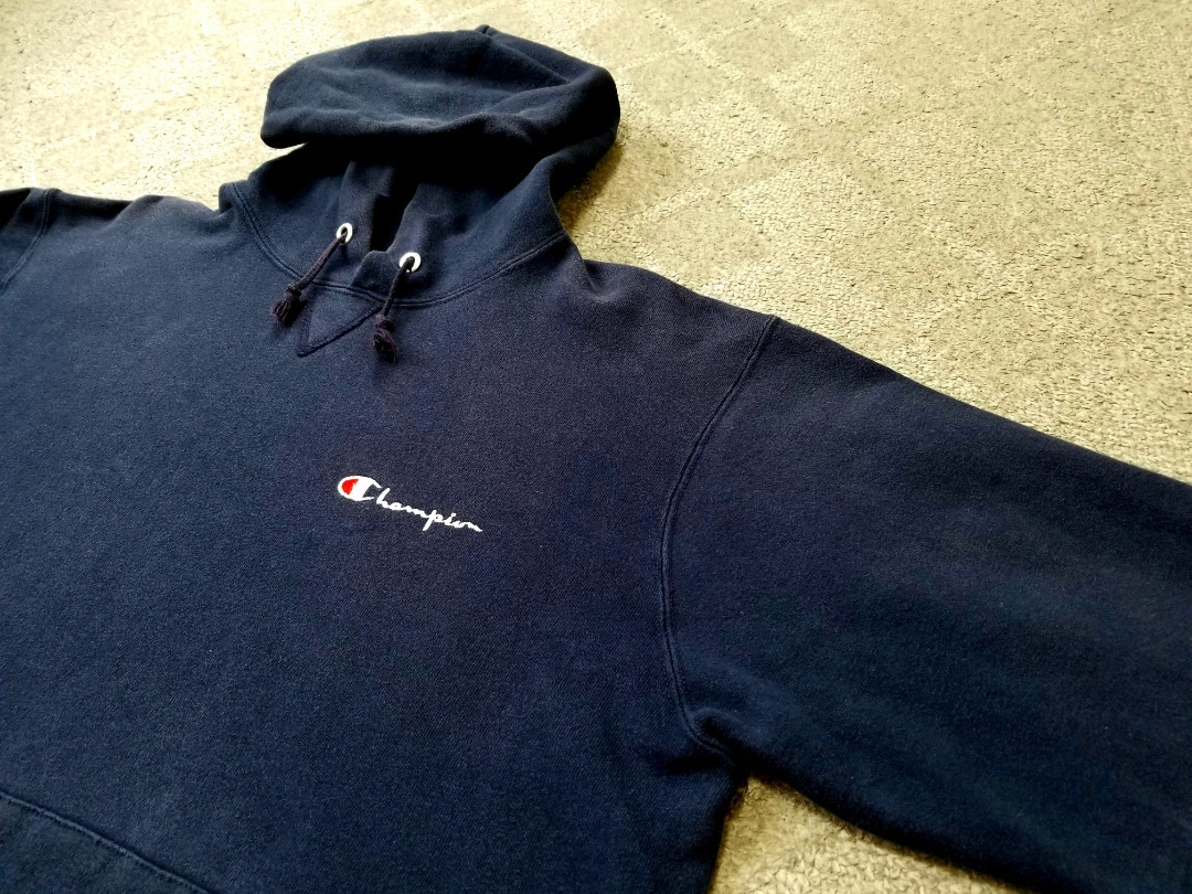 即決で送料無料 良好 ～90s USA製 ビンテージ champion チャンピオン ロゴ刺繍 前V スウェットパーカー 紺 XL アメリカ製 NAVY_画像1