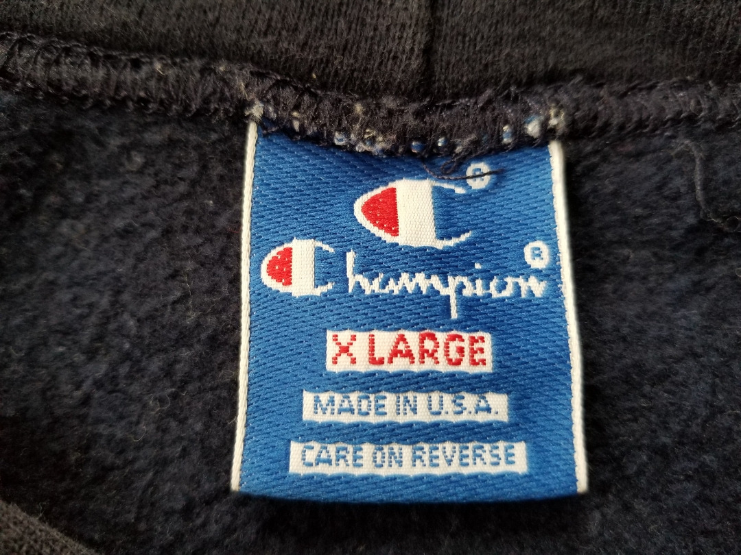 即決で送料無料 良好 ～90s USA製 ビンテージ champion チャンピオン ロゴ刺繍 前V スウェットパーカー 紺 XL アメリカ製 NAVY_画像6