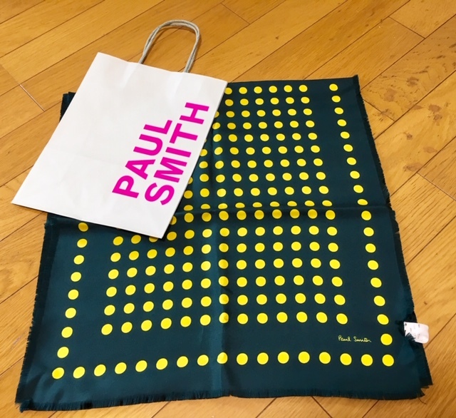 ★新品★送料198円~★65%OFF★定価18000円＋税★Paul smith ポールスミス マフラー スカーフ ショール シルク100% ドット柄 グリーン 水玉_画像1