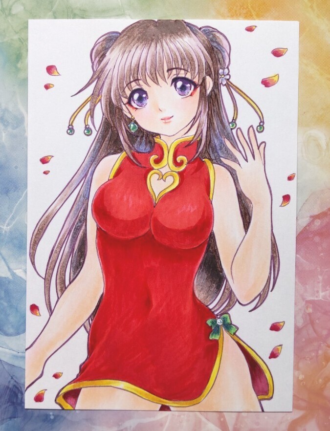手描きイラスト オリジナル チャイナ服 女の子 約10cm×14.5cm 手描きイラスト オリジナル チャイナ服 女の子 約10cm×14.5cm