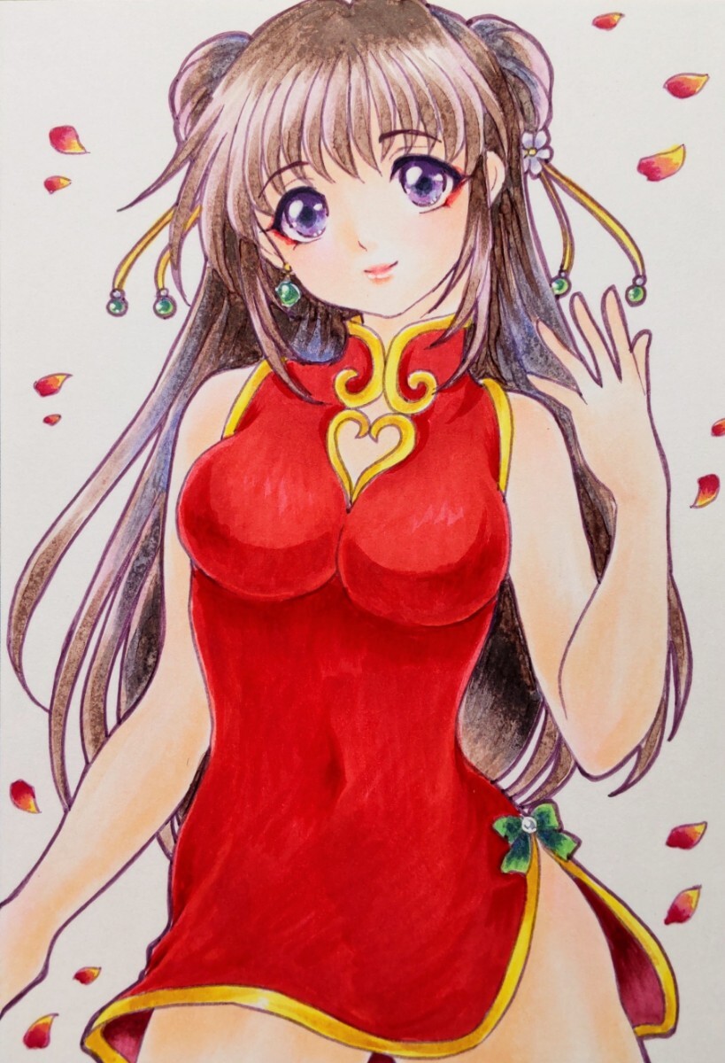 手描きイラスト オリジナル チャイナ服 女の子 約10cm×14.5cm 手描きイラスト オリジナル チャイナ服 女の子 約10cm×14.5cm
