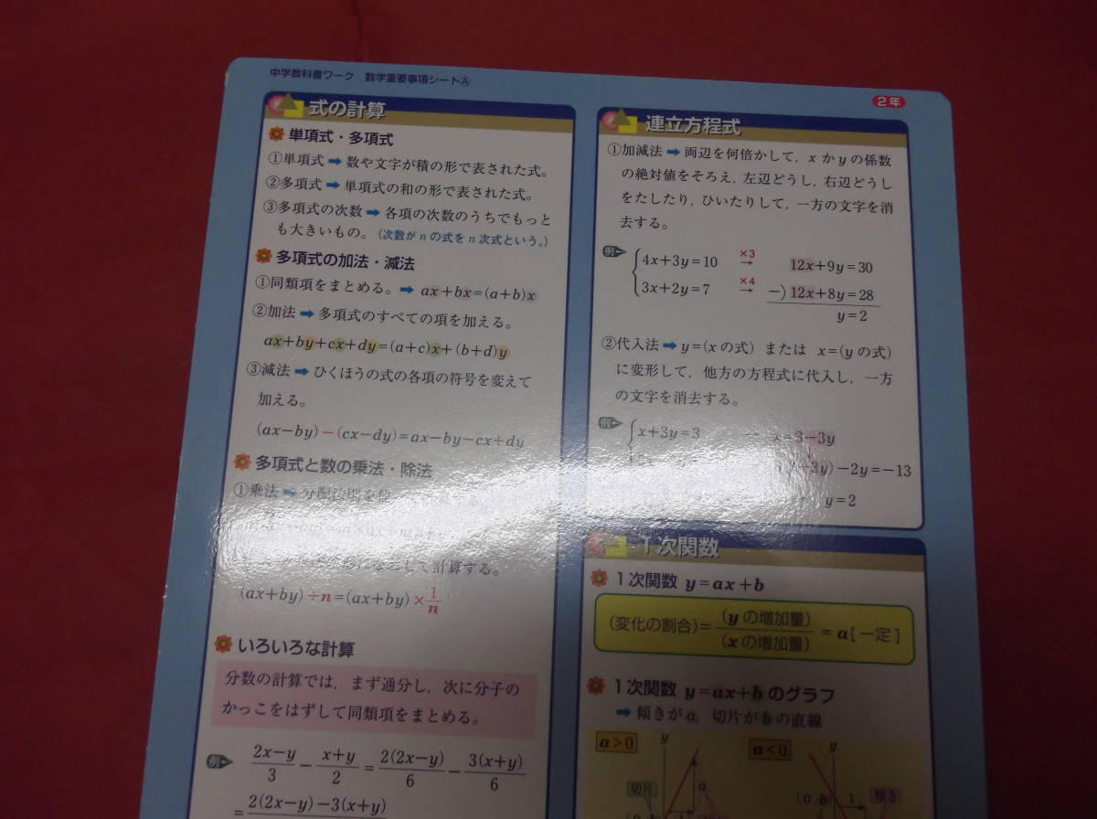 ヤフオク 中学数学２年 要点まとめシート 定期テスト 高