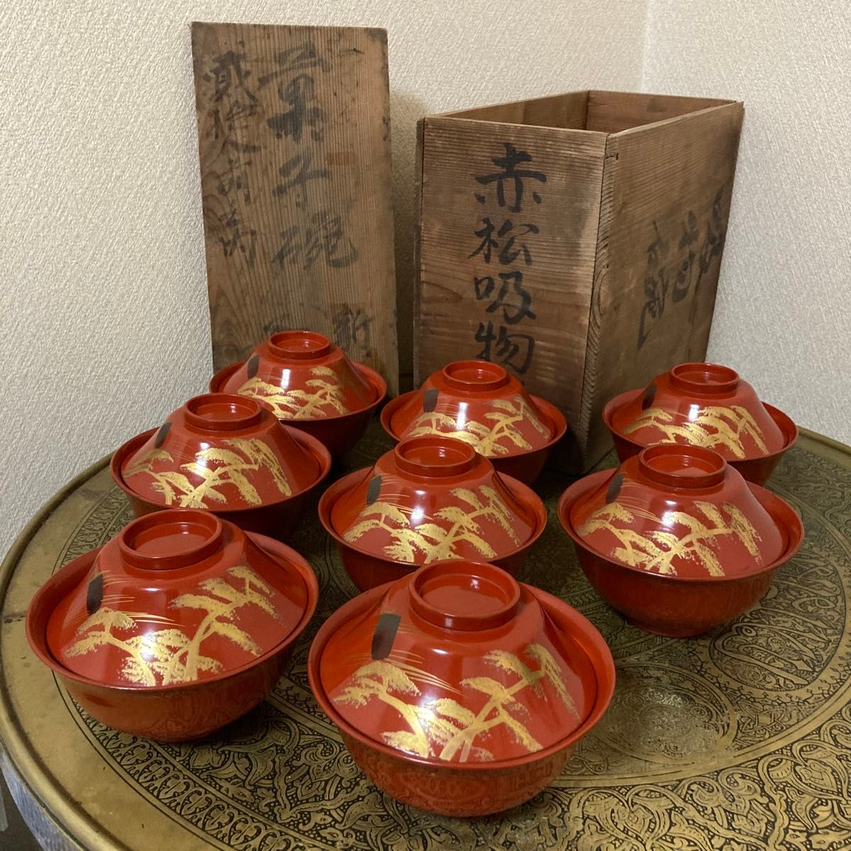 時代 赤松吸物椀 8客 明治 朱 金蒔絵 菓子椀漆器〈検 輪島塗 時代 赤松吸物椀 8客 明治 朱 金蒔絵 菓子椀漆器〈検 輪島塗