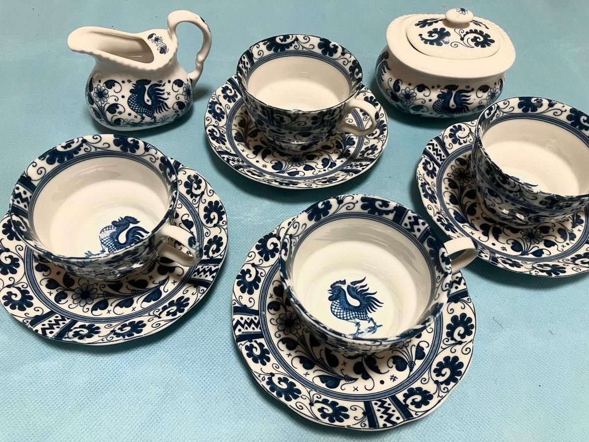 ニワトリ絵 コーヒーカップ &ソーサー 4客 シュガーポット ニワトリ絵 コーヒーカップ &ソーサー 4客 シュガーポット