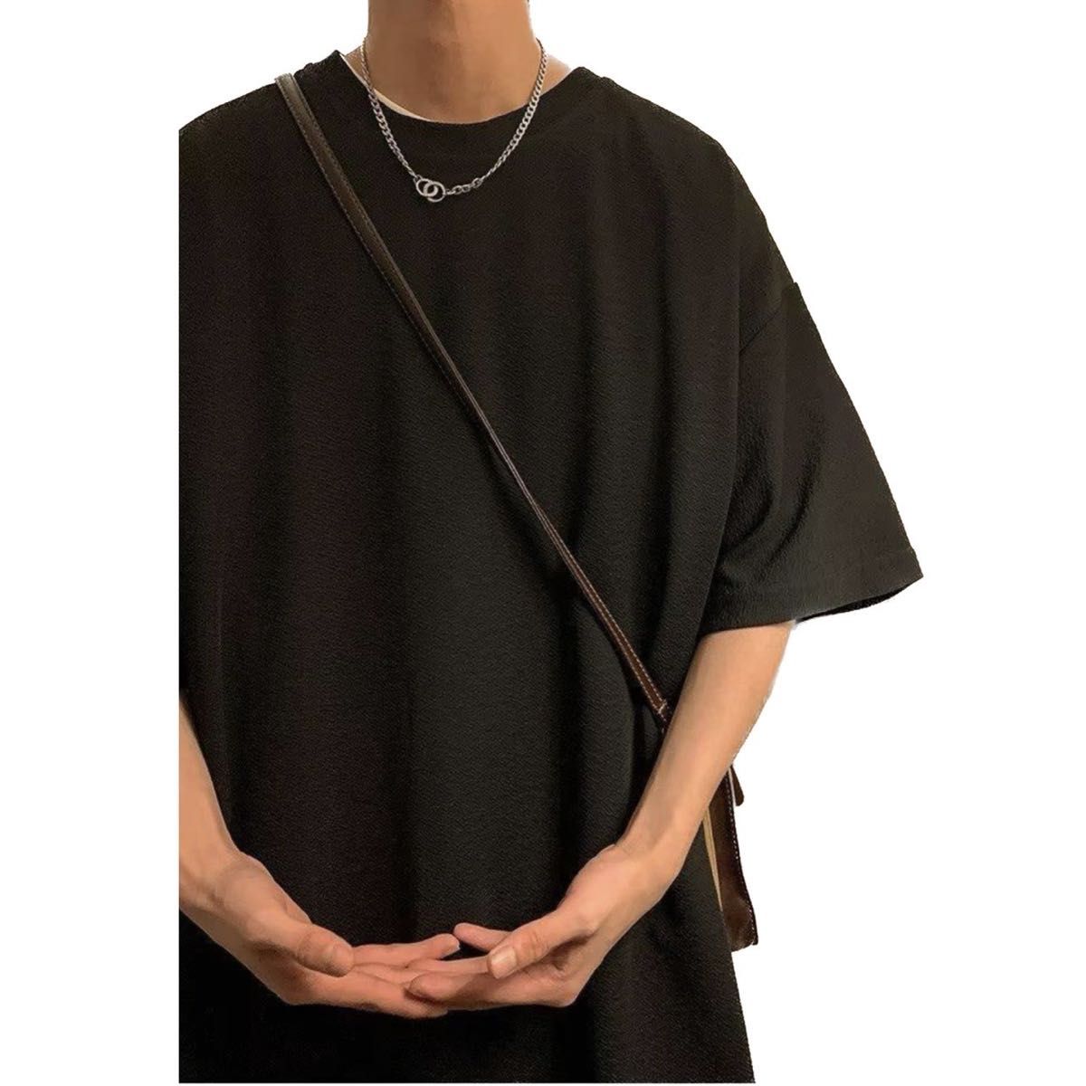 URKOOL オーバーサイズ Tシャツ ストラップ 無地 ストリート Tシャツ 黒 ブラック 5XL ゆったり 無地 ストリート系 オーバー