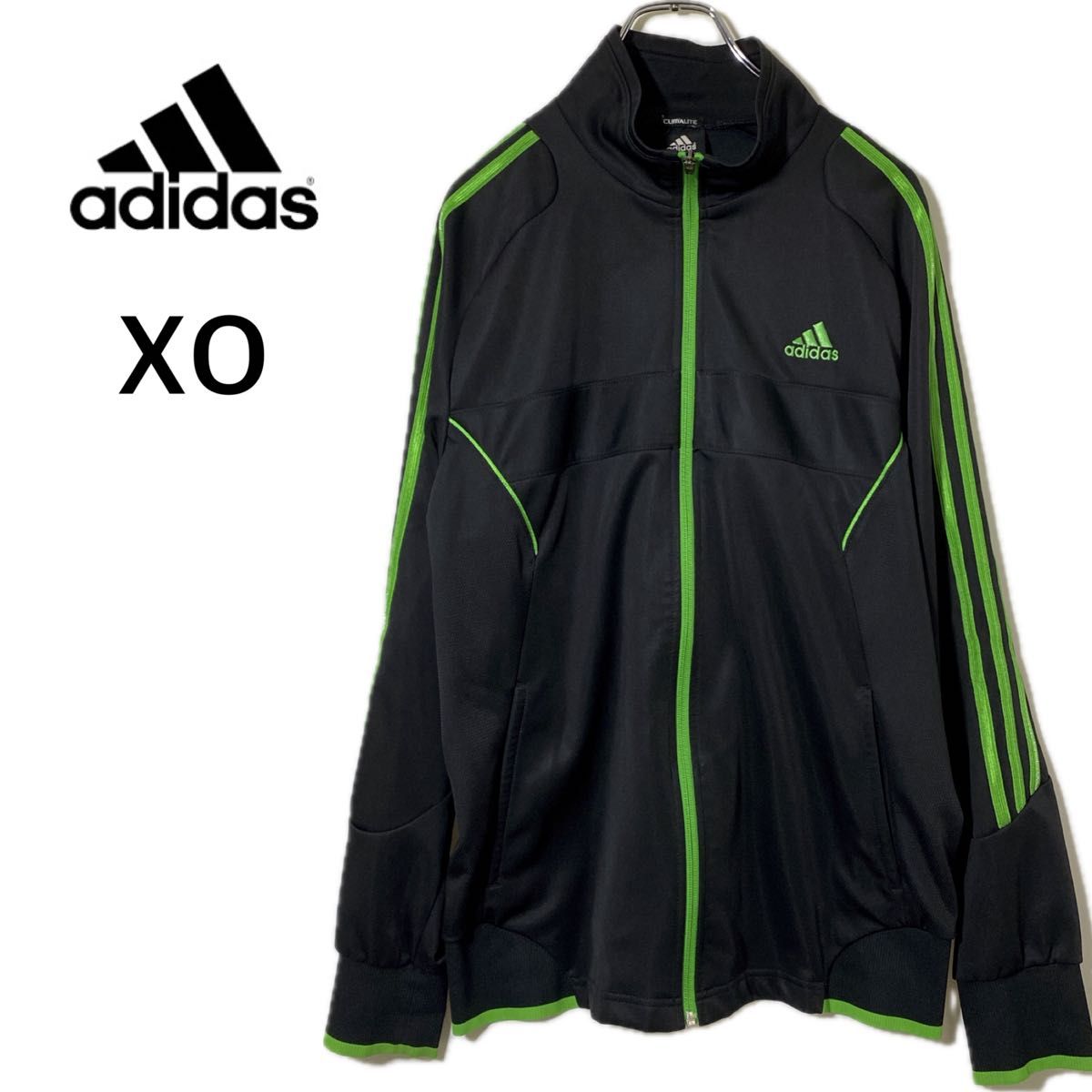 美品 adidas アディダス トラックジャケット ジャージ 黒 緑 XO 美品 adidas アディダス トラックジャケット ジャージ 黒 緑 XO