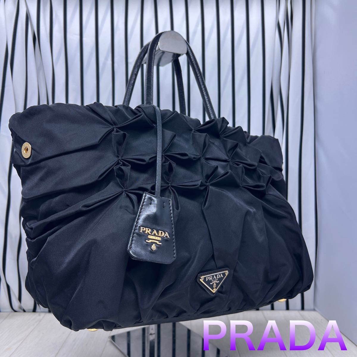 Prada A4収納可 ネイビー カーフスキン トートバッグ ポーチ付き 美品】PRADA×プラダA4収納可能ギャザートートバッグ|Yahoo