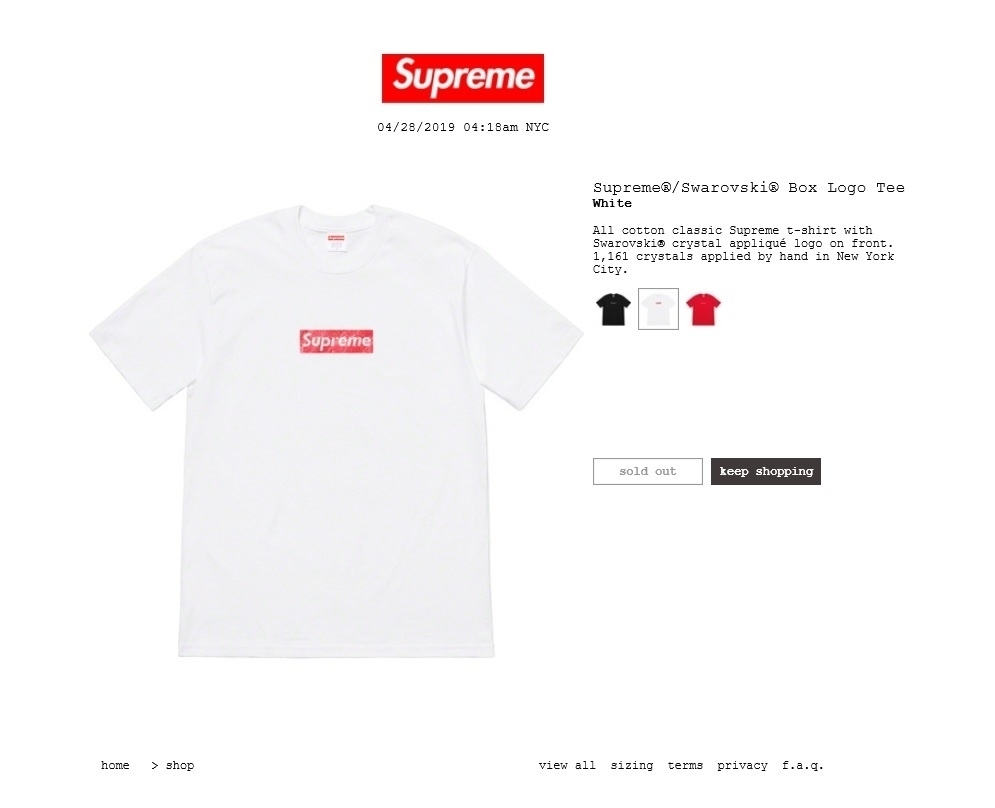 正規品 新品 未使用 SS19 Supreme Swarovski Box Logo T-Shirt White