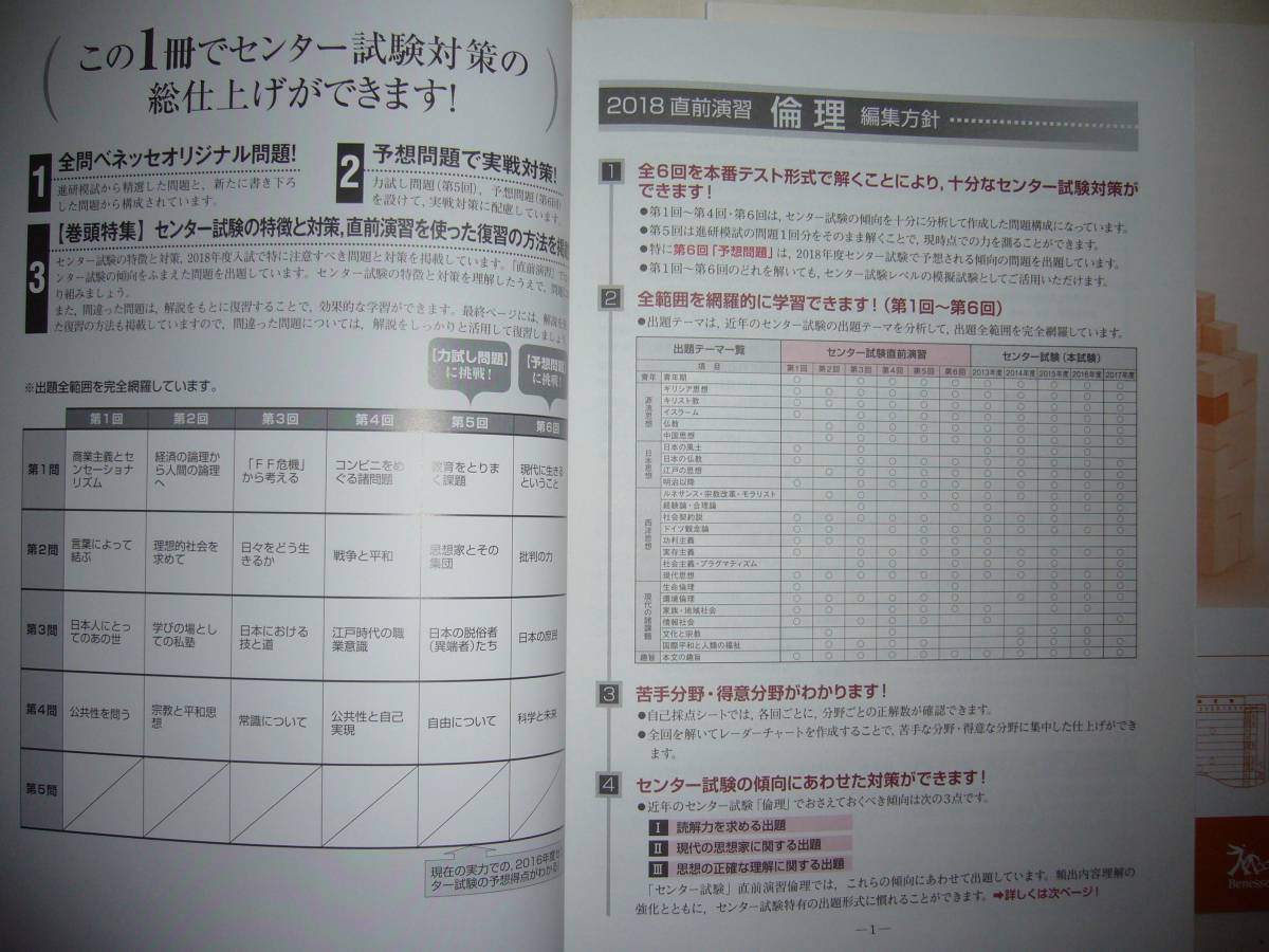 学校専売　2018年　進研　センター試験　直前演習　倫理　60分×6　別冊解答解説付属　進研学参　ベネッセ_画像2