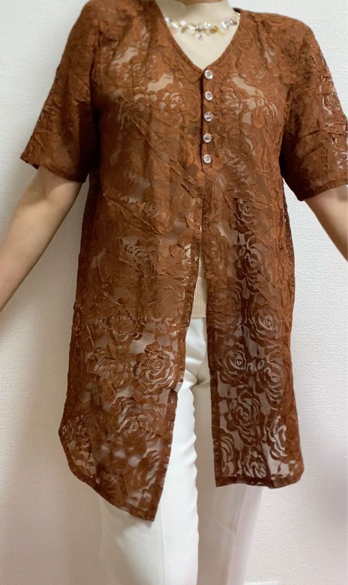 新品★半袖 カーディガン★薔薇 レース ブラウン★カーディ 羽織り ノーカラー ジャケット 花柄 ボタニカル M