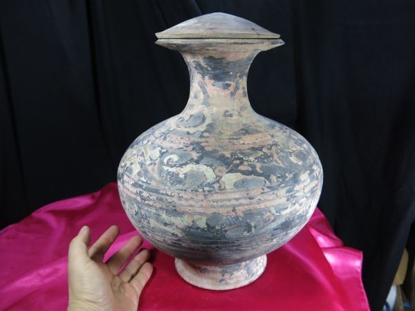 A　蓋付彩色壺　漢時代　中国　遺跡発掘品　副葬品　陶器　焼き物　副葬品　明器　墓　文化財　埋蔵　紀元前_画像1