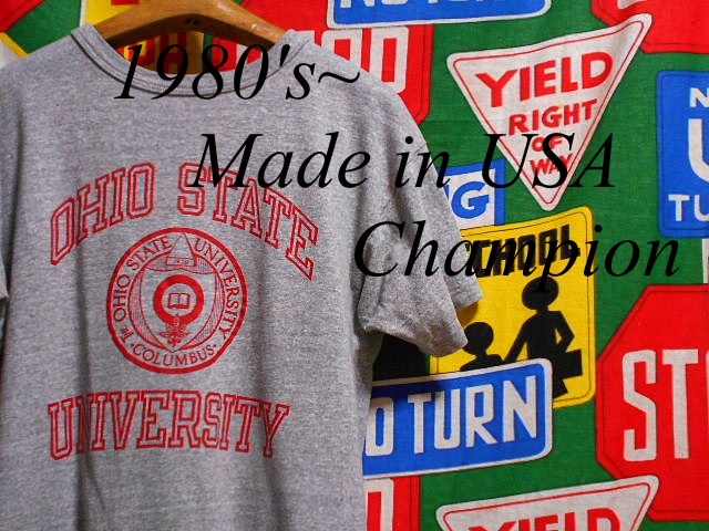 ★バランスの良い3列プリントが◎な1枚★Made in USA製アメリカ製ChampionチャンピオンビンテージカレッジTシャツ80s80年代トリコタグ霜降L