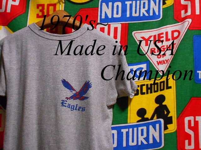注目のブランド ★珍しいプリントパターンが◎な1枚★Made USA製アメリカ製Championチャンピオンビンテージ染み込みプリントTシャツ70s70年代バータグ杢 in 半袖Tシャツ