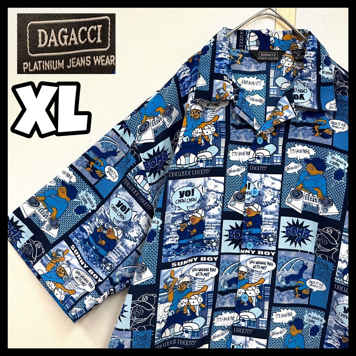 90'sビンテージ B-BOYプリント半袖 ポリシャツ XL 総柄シャツ 90'sビンテージ B-BOYプリント半袖 ポリシャツ XL 総柄シャツ
