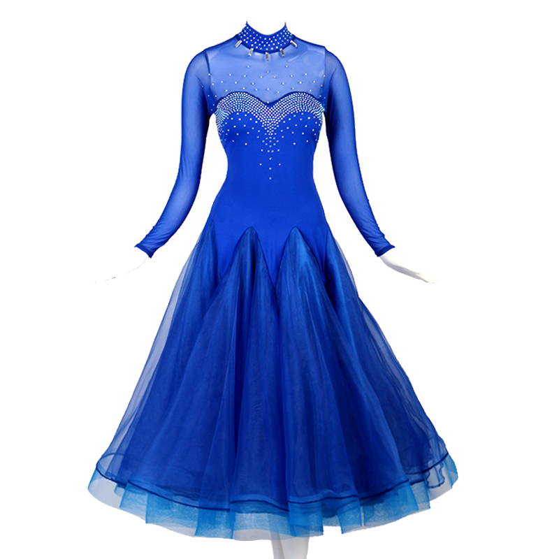 レディース社交ダンス　ワルツダンスドレス　ロングワンピース　新入荷　サイズS-XXL　調整対応　青色　キラキラ飾り