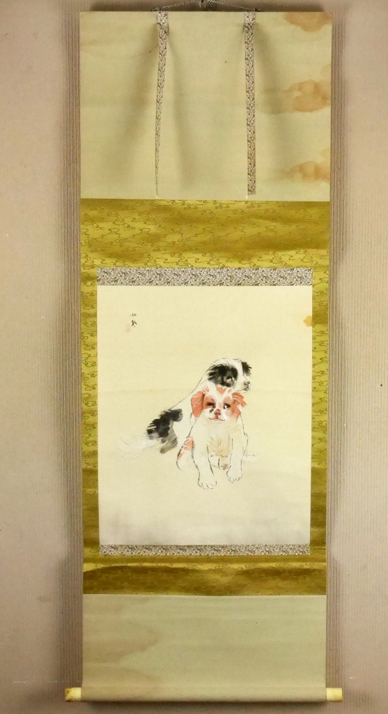 竹内栖鳳『子犬』◆木版画 絹本◆版上サイン有◆日本画巨匠！文化勲章！掛軸_画像1