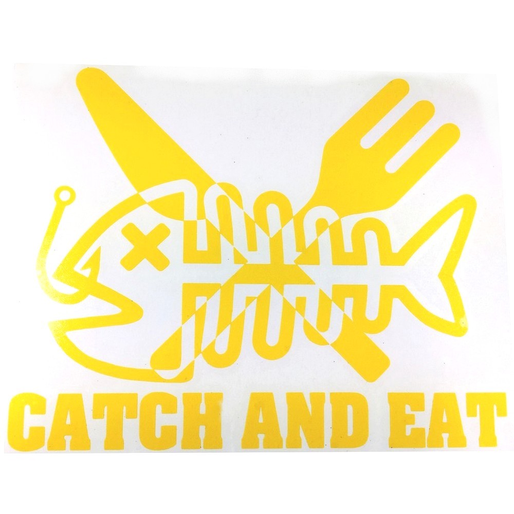 釣り ステッカー CATCH AND EAT 【黄色】 Mサイズ 横幅20㎝ キャッチ＆イート 釣り具 フィッシング 切抜き ステッカー シール 防水 屋外OK_画像1