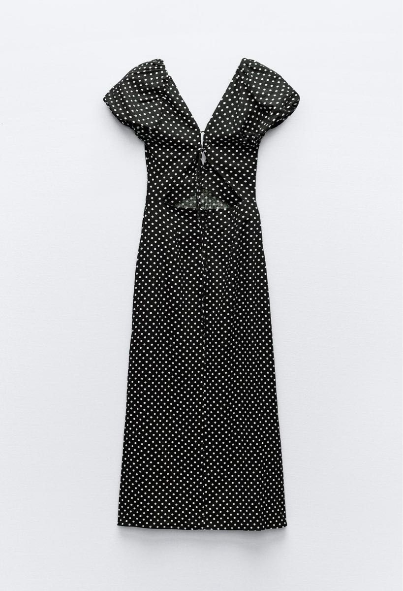 ZARA】 新品タグ付き リネンブレンド ポルカドット ミディ ZARA】 新品タグ付き リネンブレンド ポルカドット ミディ