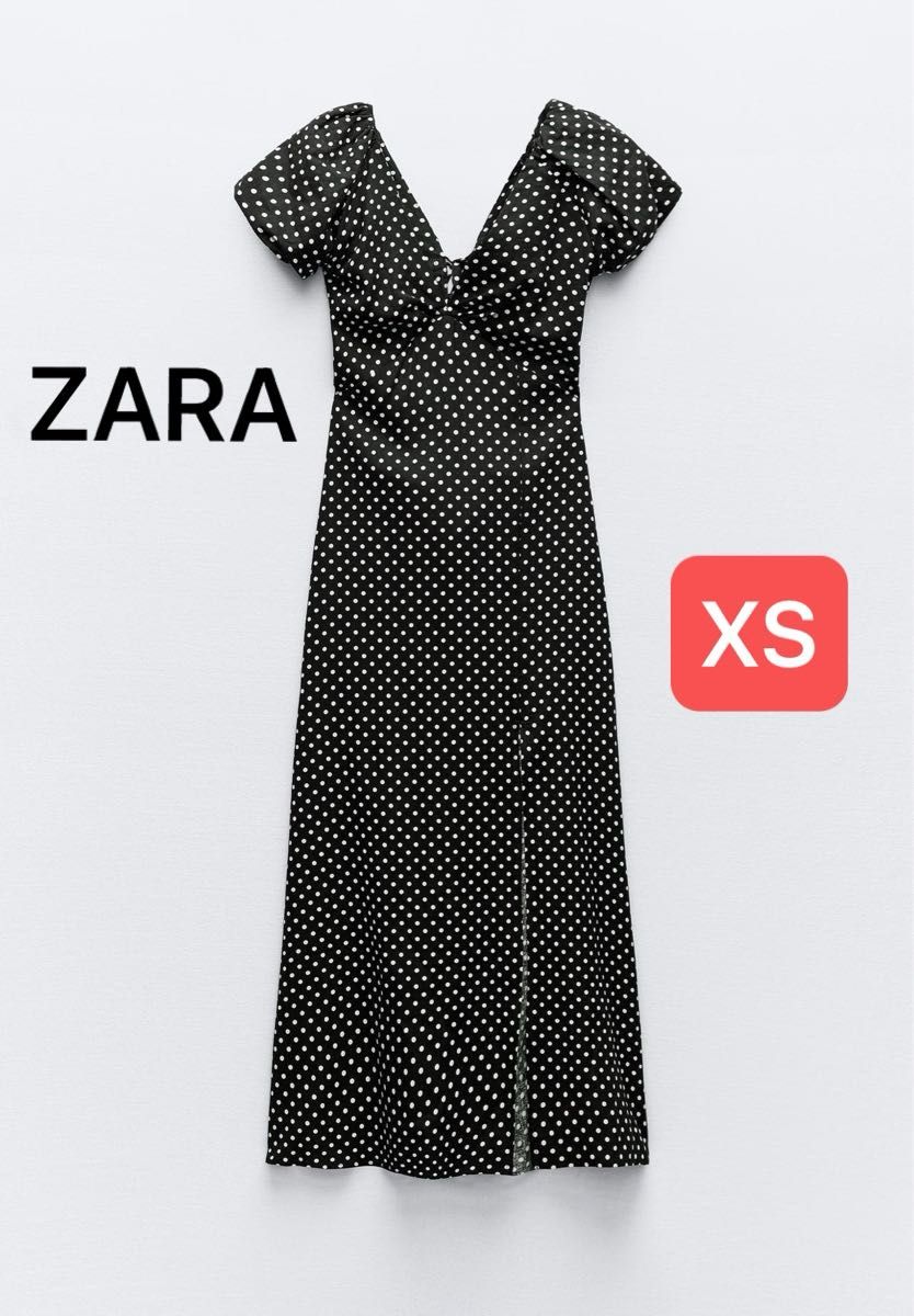 【ZARA】 新品タグ付き リネンブレンド ポルカドット ミディワンピース ワンピース 黒 ロング ブラック 半袖