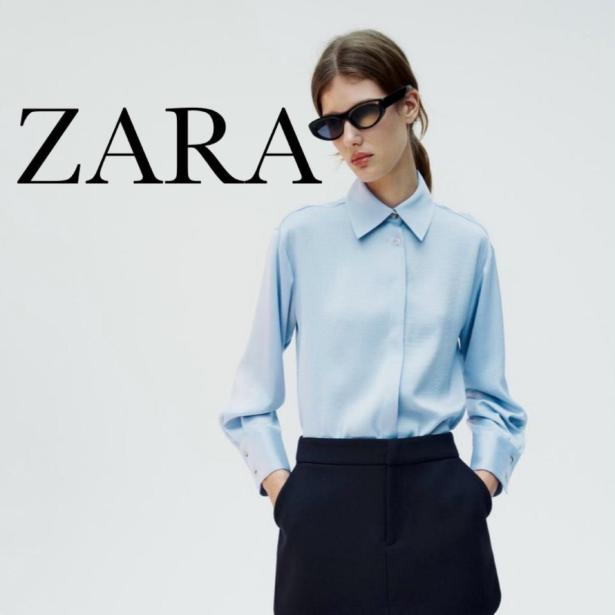 zara コンシールボタン サテン シャツ カラードシャツ 水色 zara コンシールボタン サテン シャツ カラードシャツ 水色