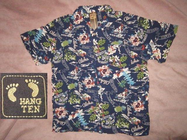 新品！超レア！ HANG TEN SURF RIDERS ハンテン サーフィン柄 アロハシャツ 紺 M　サーフ サーファー HANGTEN ココナッツボタン_画像1