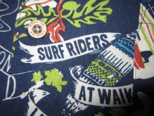 新品！超レア！ HANG TEN SURF RIDERS ハンテン サーフィン柄 アロハシャツ 紺 M　サーフ サーファー HANGTEN ココナッツボタン_画像3